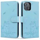 For iPhone 15 Cute Cat Embossed Leather Phone Case(Sky Blue) - 1