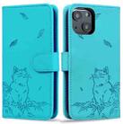 For iPhone 14 Plus Cute Cat Embossed Leather Phone Case(Lake Blue) - 1