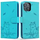 For iPhone 13 Cute Cat Embossed Leather Phone Case(Lake Blue) - 1