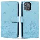 For iPhone 13 mini Cute Cat Embossed Leather Phone Case(Sky Blue) - 1