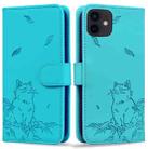 For iPhone 12 / 12 Pro Cute Cat Embossed Leather Phone Case(Lake Blue) - 1