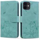 For iPhone 12 mini Cute Cat Embossed Leather Phone Case(Green) - 1