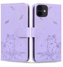 For iPhone 12 mini Cute Cat Embossed Leather Phone Case(Purple) - 1
