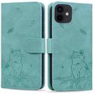 For iPhone 11 Cute Cat Embossed Leather Phone Case(Green) - 1