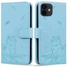 For iPhone 11 Cute Cat Embossed Leather Phone Case(Sky Blue) - 1