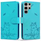 For Samsung Galaxy S24 Ultra 5G Cute Cat Embossed Leather Phone Case(Lake Blue) - 1