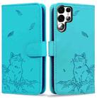 For Samsung Galaxy S23 Ultra 5G Cute Cat Embossed Leather Phone Case(Lake Blue) - 1