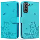 For Samsung Galaxy S22 5G Cute Cat Embossed Leather Phone Case(Lake Blue) - 1