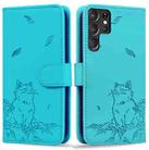 For Samsung Galaxy S22 Ultra 5G Cute Cat Embossed Leather Phone Case(Lake Blue) - 1