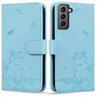 For Samsung Galaxy S21 FE 5G Cute Cat Embossed Leather Phone Case(Sky Blue) - 1