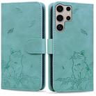 For Samsung Galaxy S25 Ultra 5G Cute Cat Embossed Leather Phone Case(Green) - 1