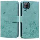 For Samsung Galaxy A12 Cute Cat Embossed Leather Phone Case(Green) - 1