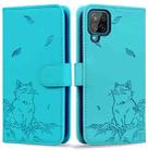 For Samsung Galaxy A12 Cute Cat Embossed Leather Phone Case(Lake Blue) - 1
