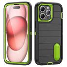 For iPhone 15 Pro Max Defender Gen2 Rugged PC + Silicone Phone Case with Holder(Black+Green) - 1