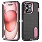 For iPhone 15 Pro Max Defender Gen2 Rugged PC + Silicone Phone Case with Holder(Black+Light Pink) - 1