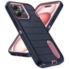 For iPhone 15 Pro Defender Gen2 Rugged PC + Silicone Phone Case with Holder(Dark Blue+Light Pink) - 2