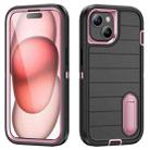 For iPhone 15 Defender Gen2 Rugged PC + Silicone Phone Case with Holder(Black+Light Pink) - 1