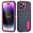 For iPhone 14 Pro Max Defender Gen2 Rugged PC + Silicone Phone Case with Holder(Dark Blue+Pink) - 1