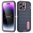 For iPhone 14 Pro Max Defender Gen2 Rugged PC + Silicone Phone Case with Holder(Dark Blue+Light Pink) - 1