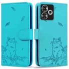 For Xiaomi Poco F6 Cute Cat Embossed Leather Phone Case(Lake Blue) - 1