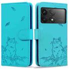 For Xiaomi Poco F6 Pro 5G Cute Cat Embossed Leather Phone Case(Lake Blue) - 1