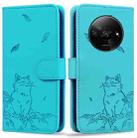 For Redmi A3 Cute Cat Embossed Leather Phone Case(Lake Blue) - 1