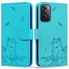 For OPPO Reno12 5G Global Cute Cat Embossed Leather Phone Case(Lake Blue) - 1