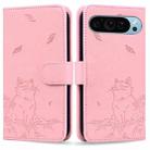 For Google Pixel 9 / 9 Pro Cute Cat Embossed Leather Phone Case(Pink) - 1