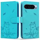 For Google Pixel 9 / 9 Pro Cute Cat Embossed Leather Phone Case(Lake Blue) - 1