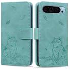 For Google Pixel 9 Pro XL Cute Cat Embossed Leather Phone Case(Green) - 1