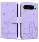 For Google Pixel 9 Pro XL Cute Cat Embossed Leather Phone Case(Purple) - 1