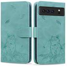 For Google Pixel 8 Pro Cute Cat Embossed Leather Phone Case(Green) - 1