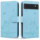 For Google Pixel 8 Pro Cute Cat Embossed Leather Phone Case(Sky Blue) - 1