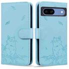 For Google Pixel 8a Cute Cat Embossed Leather Phone Case(Sky Blue) - 1