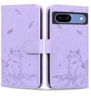 For Google Pixel 8a Cute Cat Embossed Leather Phone Case(Purple) - 1