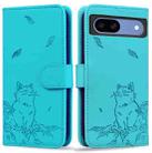 For Google Pixel 8a Cute Cat Embossed Leather Phone Case(Lake Blue) - 1