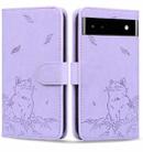 For Google Pixel 7a Cute Cat Embossed Leather Phone Case(Purple) - 1