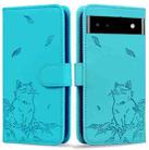 For Google Pixel 7a Cute Cat Embossed Leather Phone Case(Lake Blue) - 1