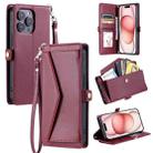 For iPhone 16 Pro Max Wallet Multi-card Slot Leather Phone Case with Lanyard(Wine Red) - 1