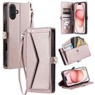 For iPhone 16 Plus Wallet Multi-card Slot Leather Phone Case with Lanyard(Rose Gold) - 1