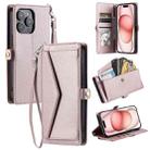 For iPhone 15 Pro Max Wallet Multi-card Slot Leather Phone Case with Lanyard(Rose Gold) - 1