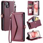 For iPhone 13 Wallet Multi-card Slot Leather Phone Case with Lanyard(Wine Red) - 1