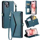 For iPhone 13 Wallet Multi-card Slot Leather Phone Case with Lanyard(Green) - 1