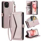 For iPhone 15 Plus Wallet Multi-card Slot Leather Phone Case with Lanyard(Rose Gold) - 1