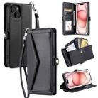 For iPhone 15 Plus Wallet Multi-card Slot Leather Phone Case with Lanyard(Black) - 1