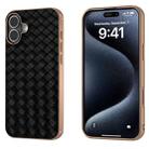 For iPhone 16 Plus Electroplated Frame Woven Texture PU Phone Case(Black) - 1