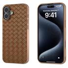 For iPhone 16 Plus Electroplated Frame Woven Texture PU Phone Case(Brown) - 1