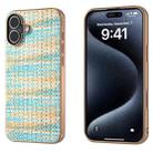 For iPhone 16 Plus Electroplated Frame Color Lattice Texture PU Phone Case(Blue) - 1