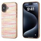 For iPhone 16 Plus Electroplated Frame Color Lattice Texture PU Phone Case(Pink) - 1