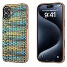 For iPhone 16 Plus Electroplated Frame Color Lattice Texture PU Phone Case(Gold) - 1